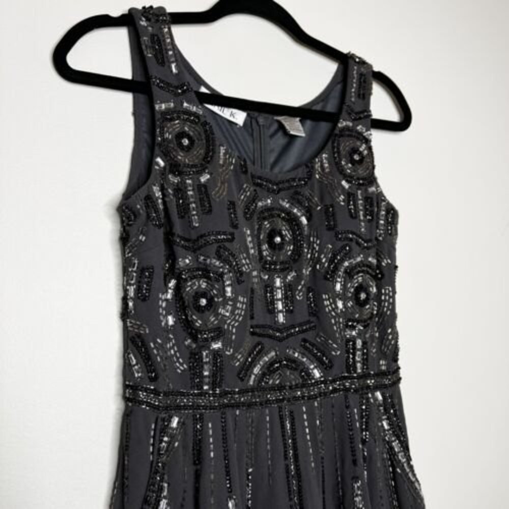 Shail K Beaded Gray Short Cocktail Fit & Flare Dress Size 6